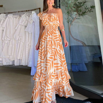 Vestido largo informal con estampado de hojas y cuello barco para mujer, cintura elástica
