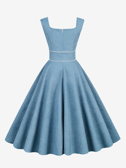 Retro Glamour Dress 1950s Style Baby Blue Piping Sleeveless Square Neck Medium Rockabilly Dress
