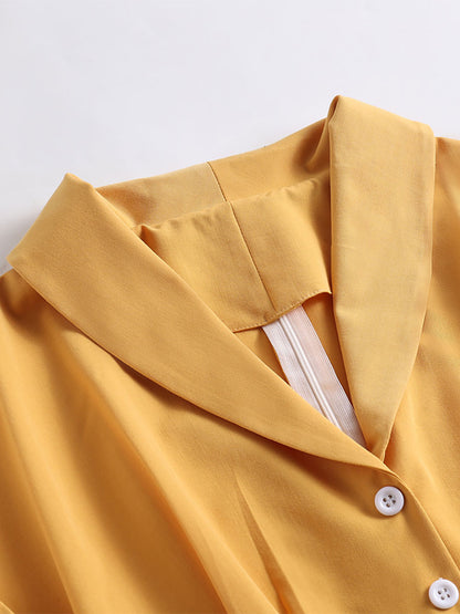 Vintage Glamour Dress Turndown Collar Buttons 1950s Style Short Sleeves Medium Yellow Rockabilly Dress
