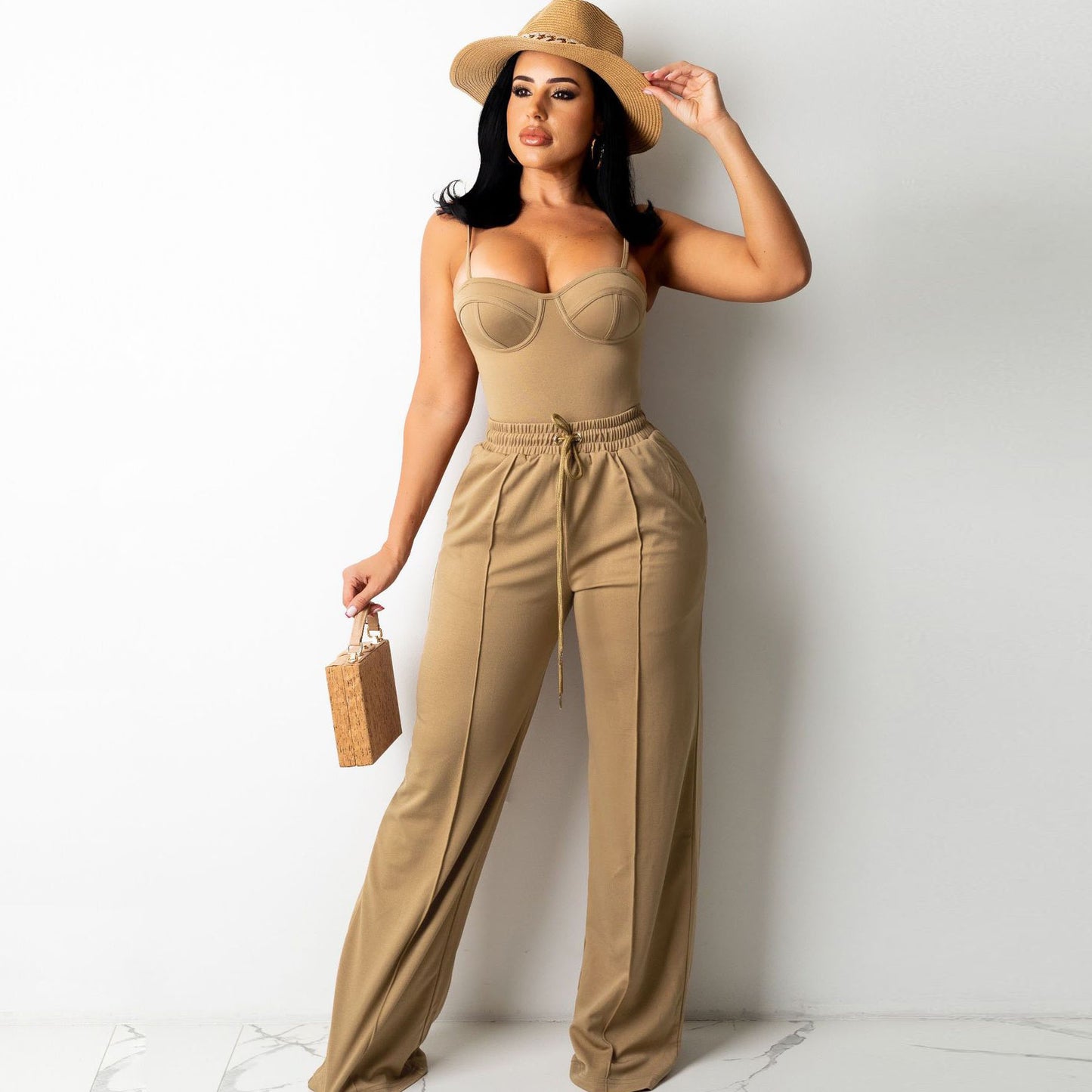Conjunto de camiseta y pantalón recto de verano para mujer, informal, de color liso