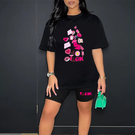 Conjunto de camiseta y pantalones cortos de manga corta con estampado de letras y corazones para mujer