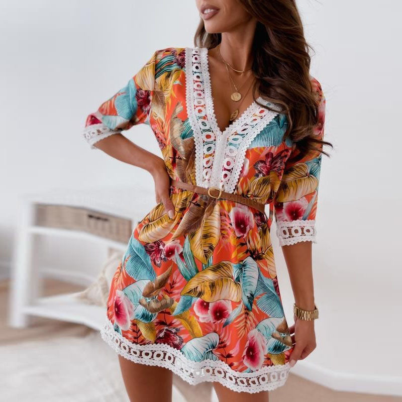 Women Fashion Casual Boho Floral Printed V-Neck Short Sleeve Dress