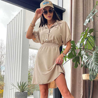 Vestido informal de manga corta con solapa y botonadura sencilla de color liso para mujer