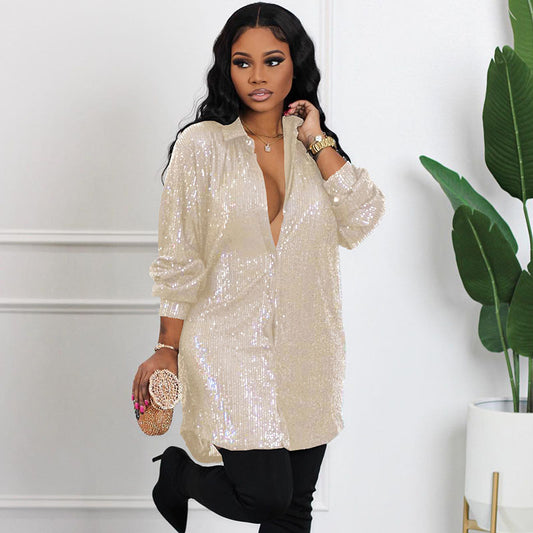 Women Fashion Casual Loose Solid Color Sequin Lapel Long Shirt Blouse