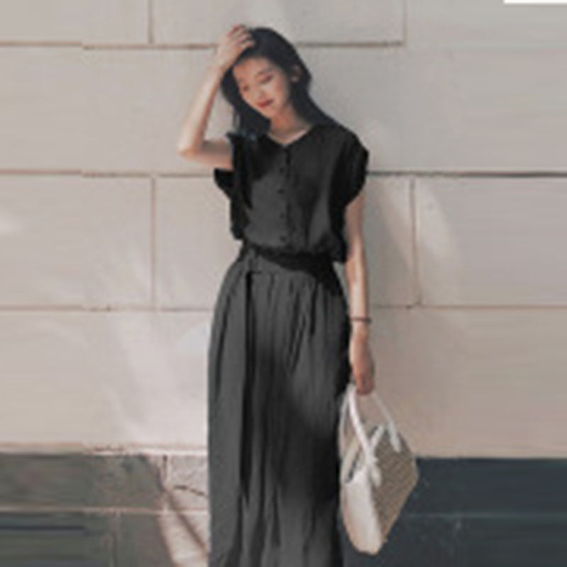 Women Fashion Minimalist Casual Elegant Solid Color Round Neck Defined Waist Chiffon Knee-Length Dress