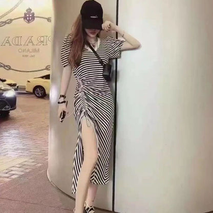 Women Fashion Casual Stripe Printing V-Neck Short Sleeve Drawstring Slit Dress