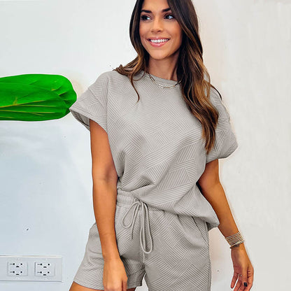 Women Fashion Casual Solid Color Plaid Short Sleeve Blouse And Shorts Set