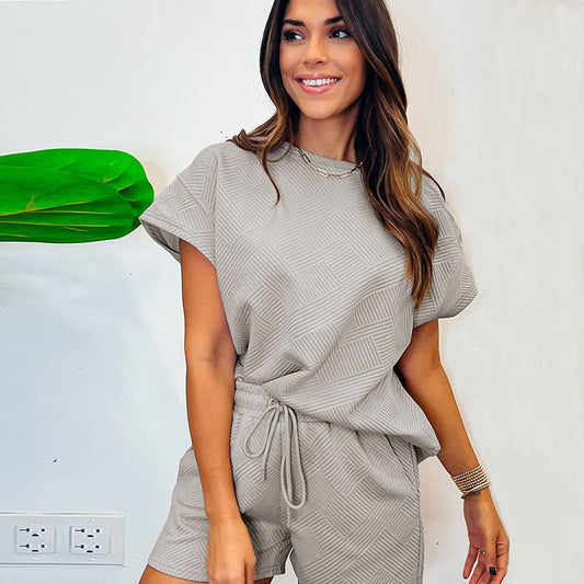 Conjunto de blusa y pantalones cortos de manga corta a cuadros de color liso informal para mujer