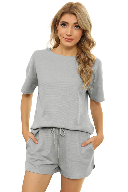 Women Solid Color Casual Homewear Short Sleeve Blouse And Shorts Set
