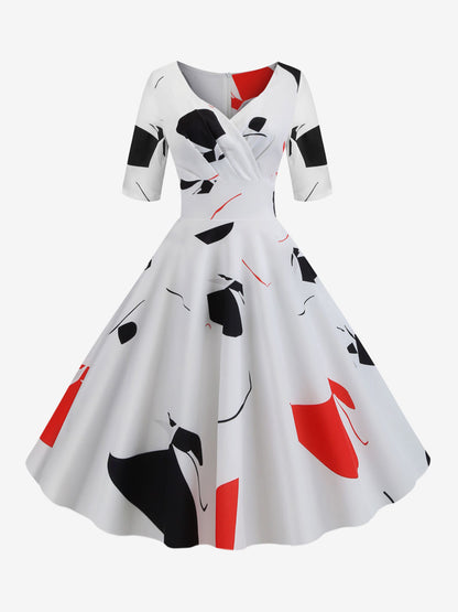Vintage Glamour Dress Black 1950s Style Floral Print Layered Half Sleeves Sweetheart Neck Medium Rockabilly Dress