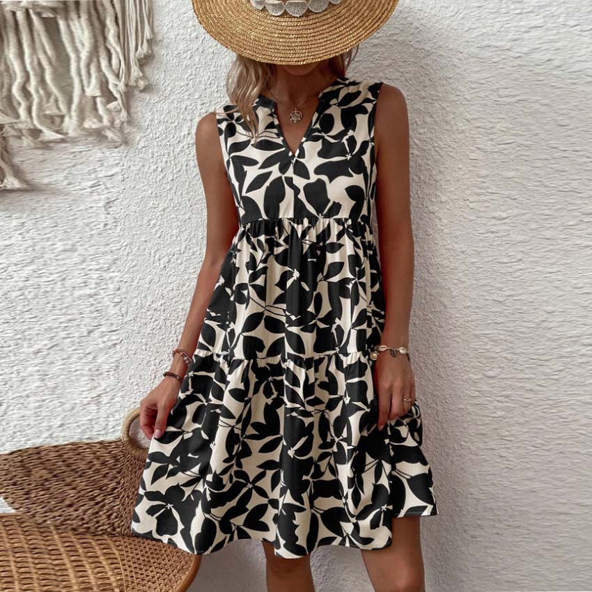 Vestido bohemio informal de vacaciones para mujer, holgado, con escote en V, plisado, estampado floral, sin mangas