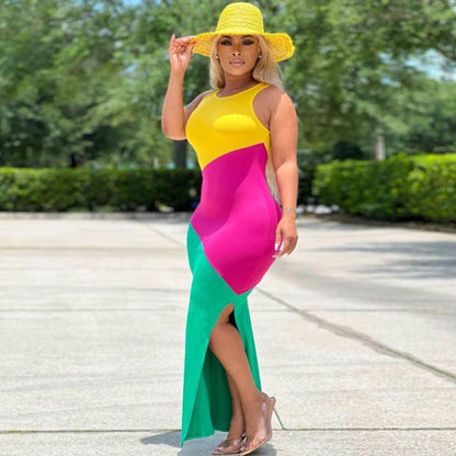 Women Fashion Sexy Casual Round Neck Sleeveless Printed Side Slit Tank Dress