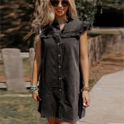 Women Casual Retro Sexy Sleeveless Single Breasted Denim Dress