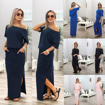 Women Casual Basic Solid Color Short Sleeve Summer Oblique Shoulder Side-slit Pocket Loose Dress