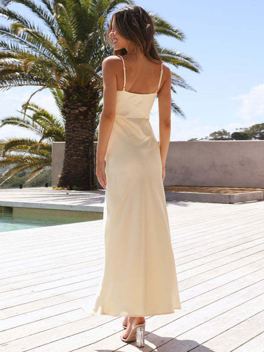 Summer Dress Straps Neck Split Front High-slit Beige Long Prom Dress