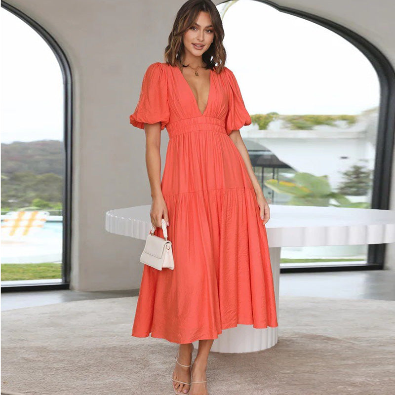 Vestido largo informal elegante con escote en V y mangas abullonadas de color liso para mujer