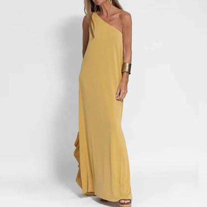 Women Casual Fashion Summer Vacation Slanted Shoulder Solid Color Loose Maxi Dress