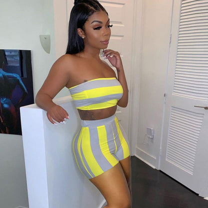 Conjunto de dos piezas formado por top de tubo y pantalones cortos informales a rayas sexys para mujer