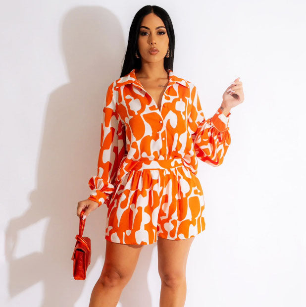 Trajes casuales de verano para mujer, estilo vacacional, con camisa de manga larga y pantalones cortos estampados