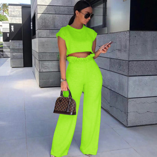 Conjunto de dos piezas de pantalones de manga corta de color liso informal a la moda para mujer