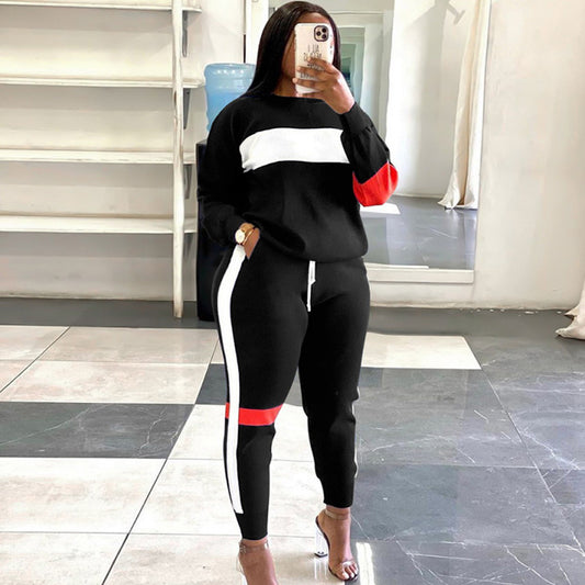 Women Fashion Casual Color Blocking Round Neck Long Sleeve Sweatshirts Defined Waist Drawstring 2pcs Set