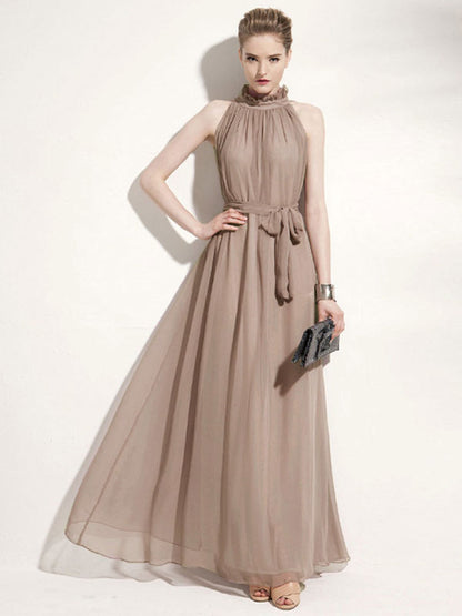 Halter Sundress Jewel Neck Lace Up Chiffon Beach Prom Maxi Dresses