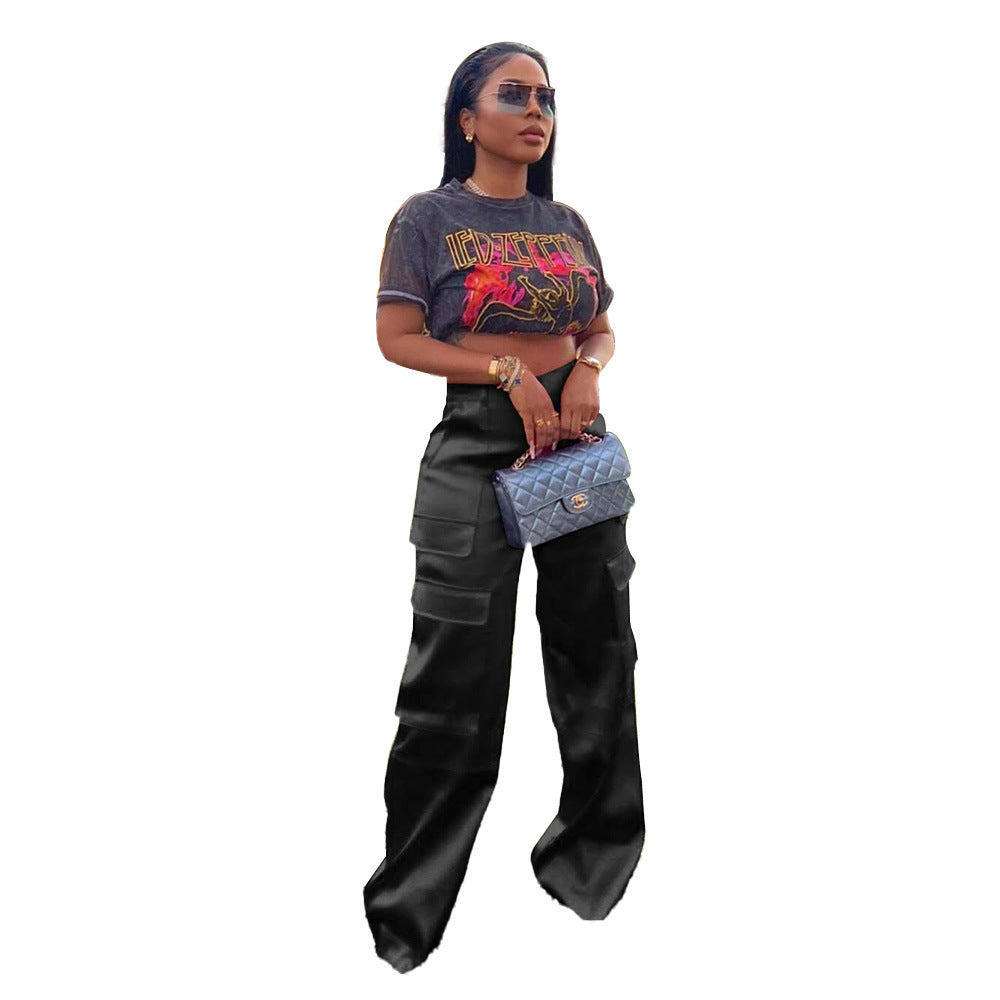 Fashion Women Casual Solid Color Multi-Pocket Zipper Loose Pants