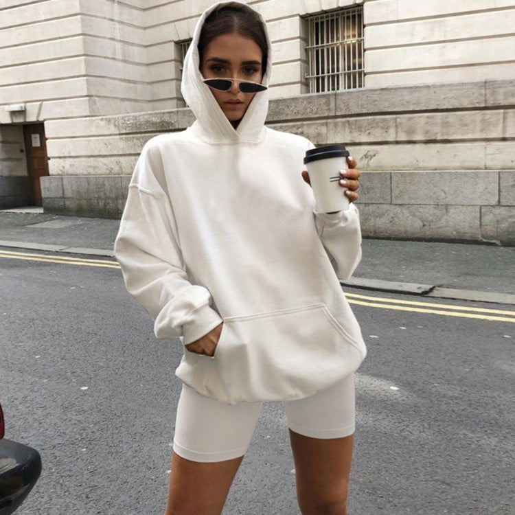 Conjunto deportivo de 2 piezas con capucha, manga larga, pantalones cortos y cintura definida, informal, de color liso, para mujer