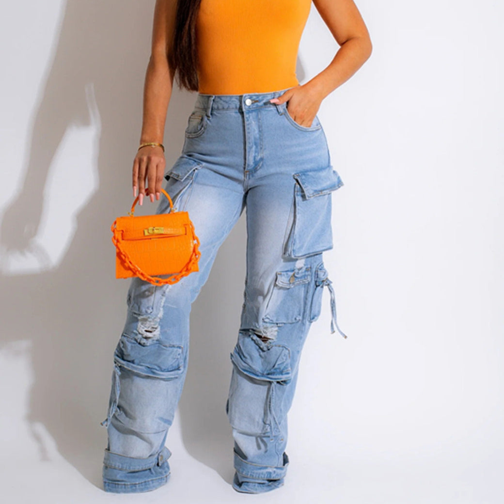 Vaqueros cargo de pierna ancha informales con múltiples bolsillos a la moda para mujer
