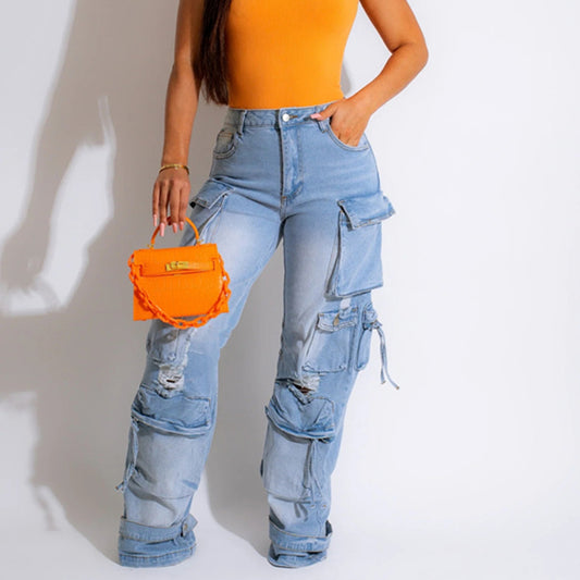 Vaqueros cargo de pierna ancha informales con múltiples bolsillos a la moda para mujer