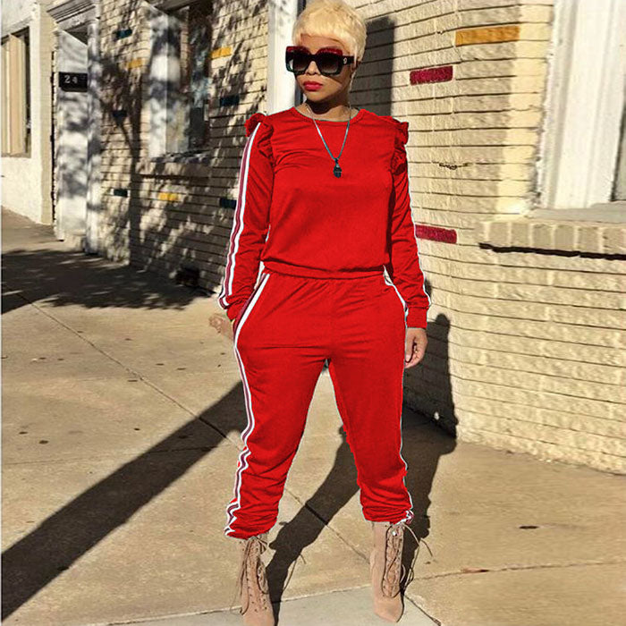 S-3XL Round Collar Long-sleeve Stringy Selvedge Top And Pants Casual Sports Two Piece Sets