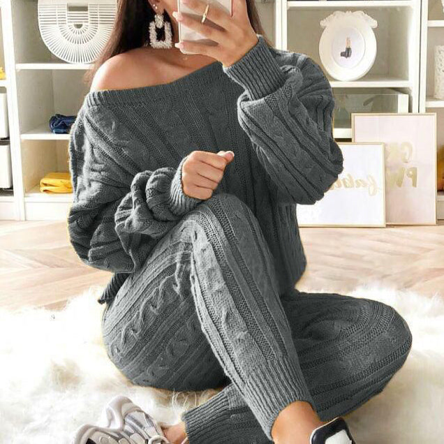 Autumn Winter Women Fashion Solid Color Off-shoulder Knitted 2Pcs/Set Sweater Casual Suit