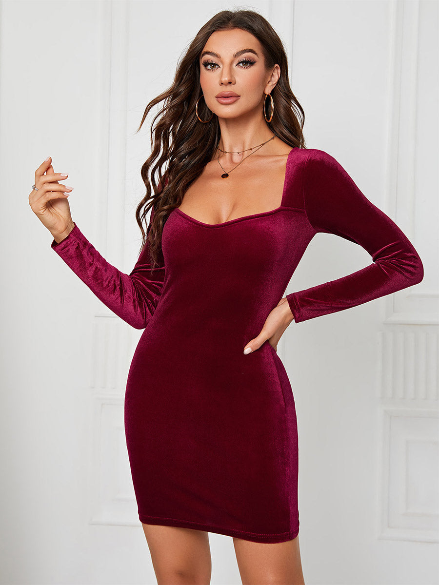 Velvet Dress Sweetheart Neck Long Sleeves Sexy Mini Bodycon Dresses