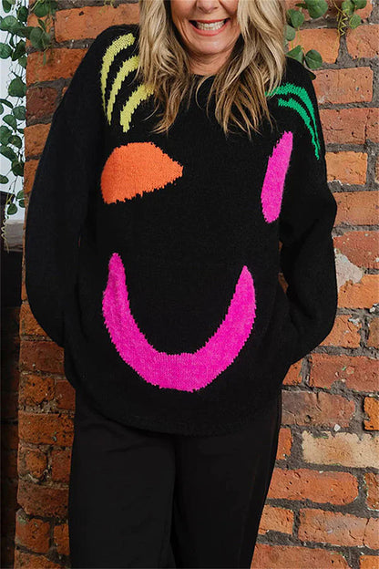 Feel Good Knit Colorful Smiley Face Loose Pullover Sweater