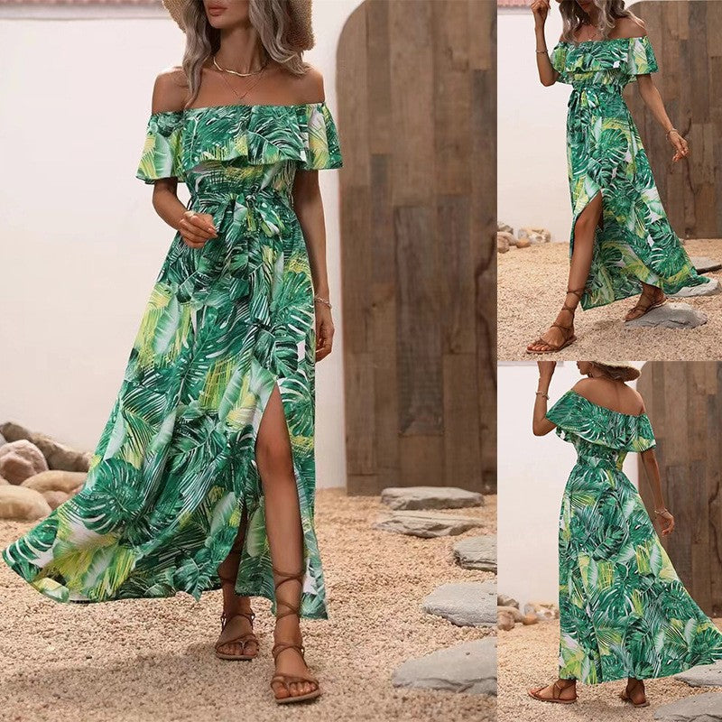 Vestido largo informal de playa con cuello barco y volantes con estampado floral para mujer