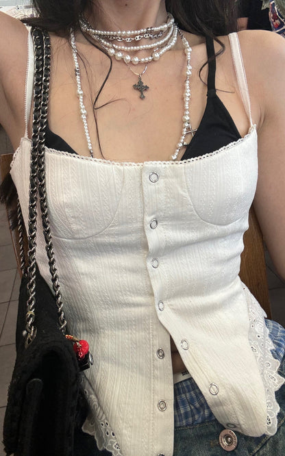 White Corset Top with Lace Hem