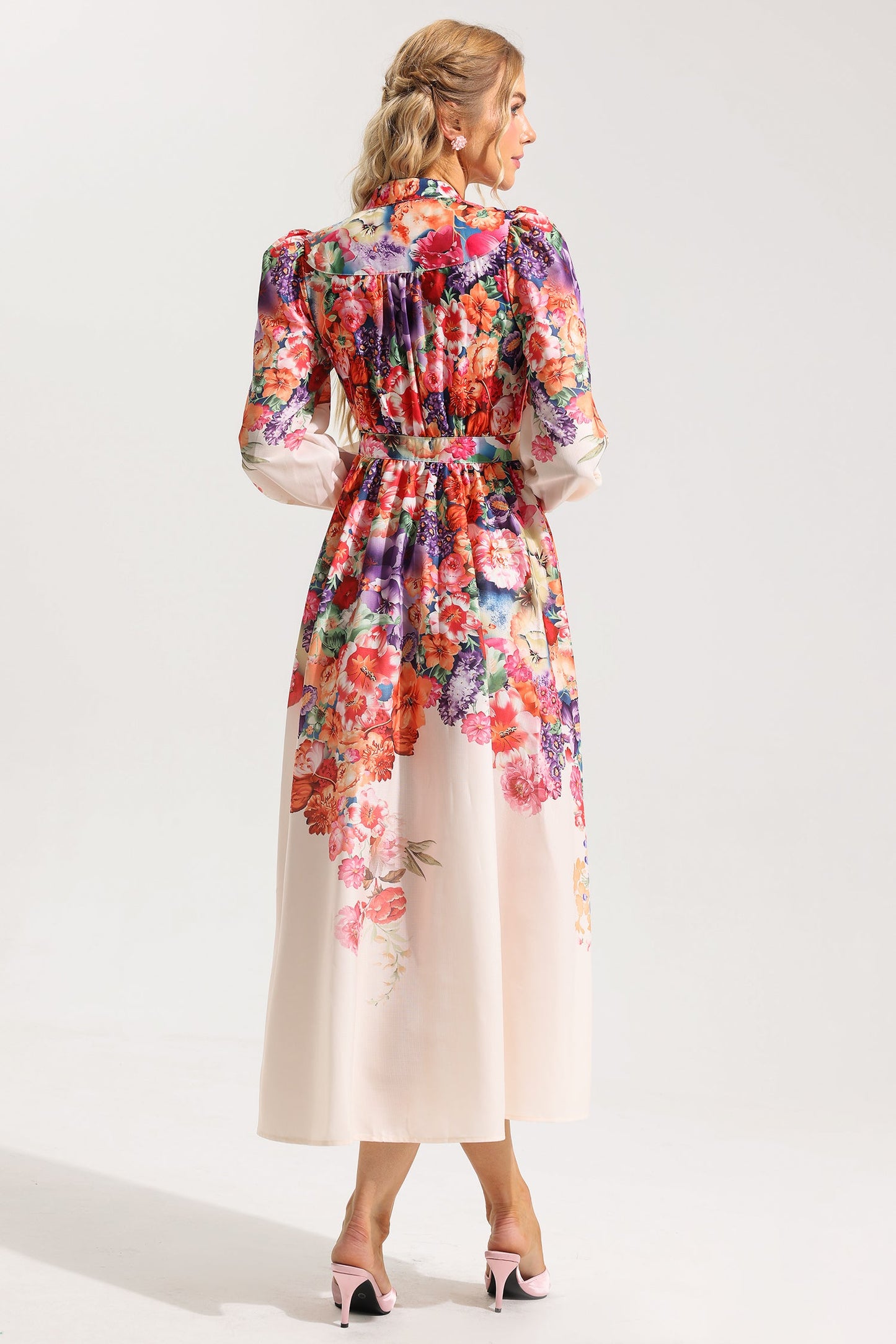 Floral Lantern Sleeve Midi Dress