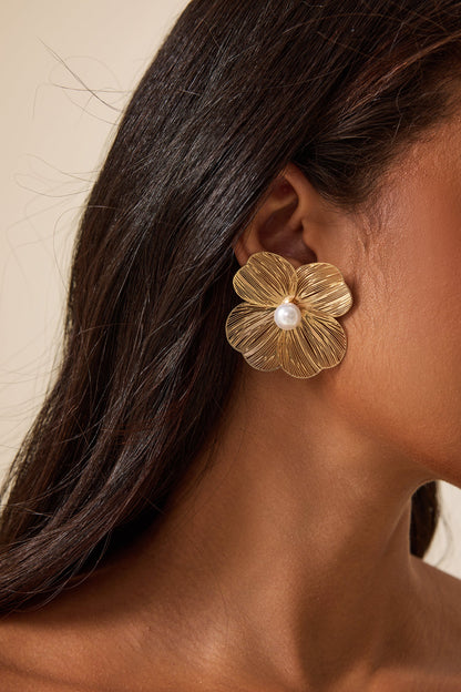 Floral Shape Faux Pearl Metal Earrings