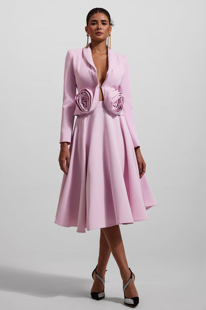 3D Floral Solid Blazer ＆ High Waist Solid Midi Skirt Set