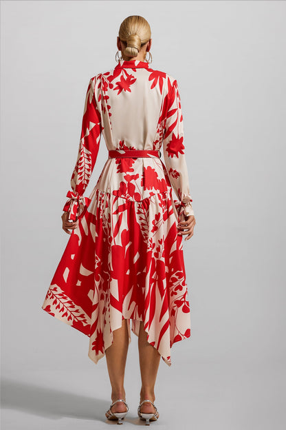 Floral Lace Up Midi Dress With Belt