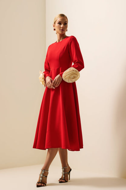 3D Flower Round Neck Long Sleeve Midi Dress