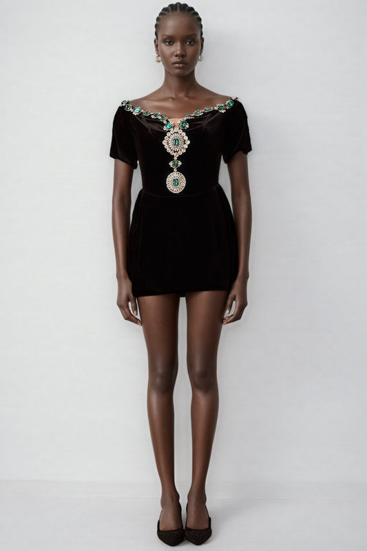 Ivy Black Velvet Embellished Mini Dress