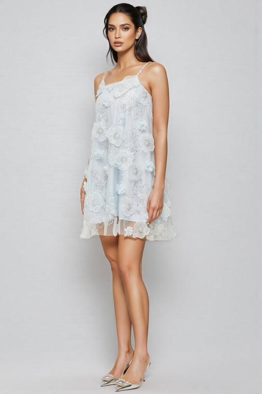 Marifd Blue Flower Sequin Mesh Mini Dress
