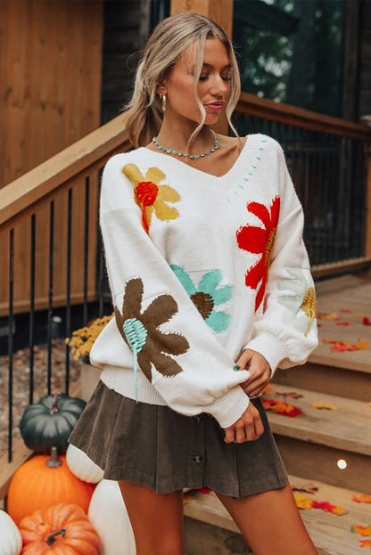 2025 Autumn New V-neck Casual All-match Floral Print Warm Knitted Sweater