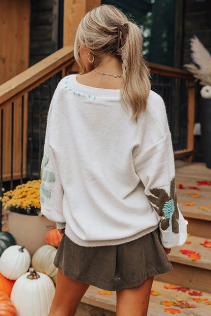 2025 Autumn New V-neck Casual All-match Floral Print Warm Knitted Sweater