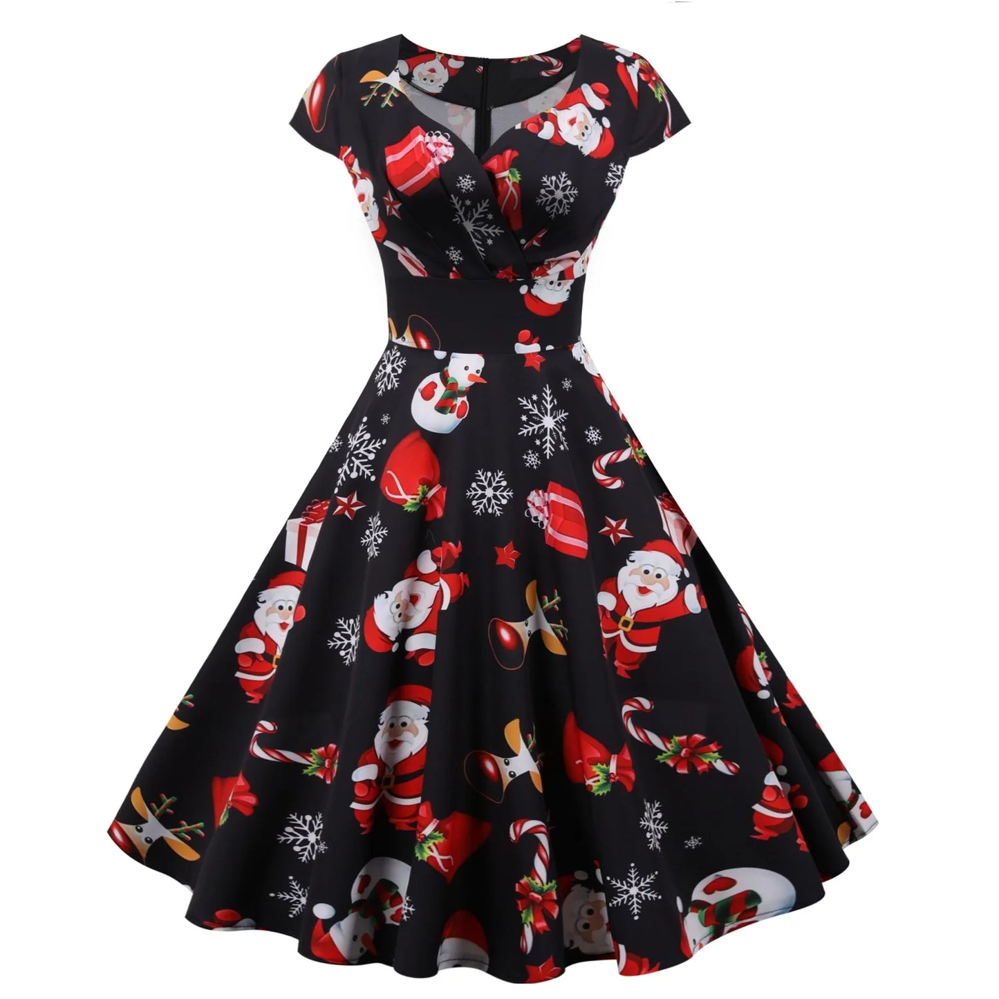 2025 Christmas Festival Dress Up Party Dresses Women Fashion Print Folds V-neck A-line Dress Lady Vintage Commuting Vestidos New