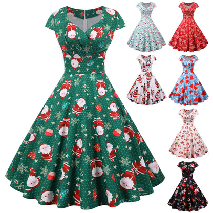 2025 Christmas Festival Dress Up Party Dresses Women Fashion Print Folds V-neck A-line Dress Lady Vintage Commuting Vestidos New