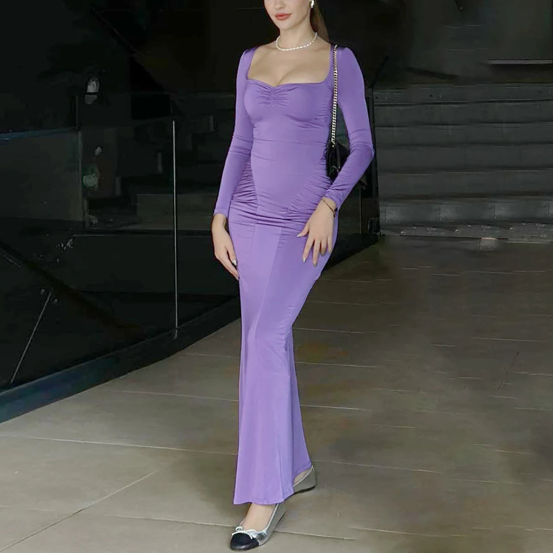 2025 Elegant Long Sleeve Party Dresses Sexy High Waist Slim Fit Women&#8217;s Evening Dress Fashion Solid Color Pleated Long Dresses