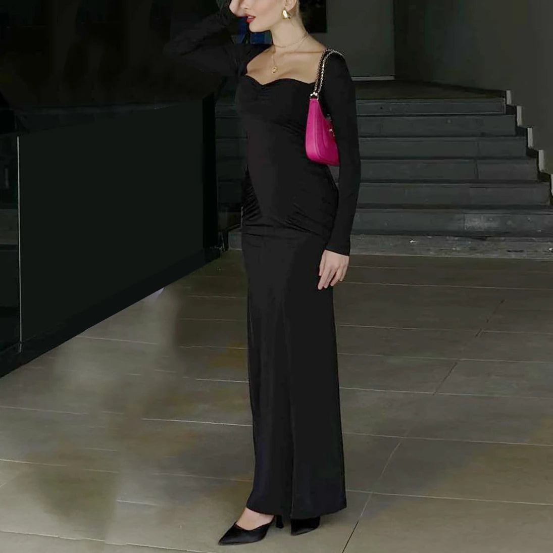 2025 Elegant Long Sleeve Party Dresses Sexy High Waist Slim Fit Women&#8217;s Evening Dress Fashion Solid Color Pleated Long Dresses