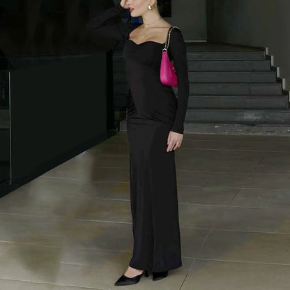 2025 Elegant Long Sleeve Party Dresses Sexy High Waist Slim Fit Women&#8217;s Evening Dress Fashion Solid Color Pleated Long Dresses